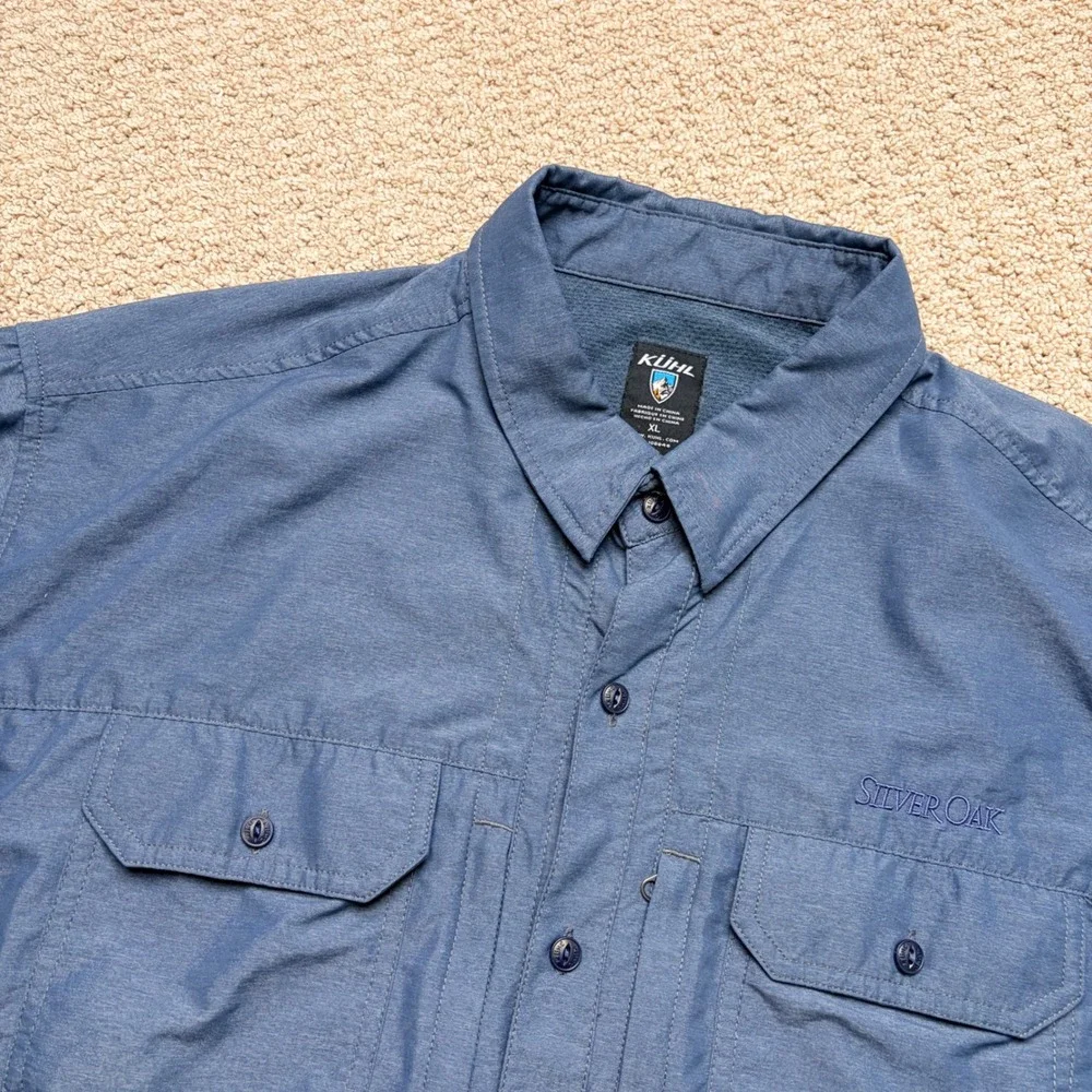Kuhl Mens XL Blue Short Sleeve Button Down Shirt Silver Oak Hiking Technical